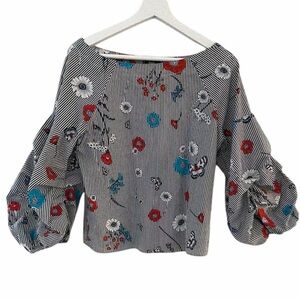 FRIDDA Women Medium Floral Striped Blouse with Puff Sleeves Cotton Blend